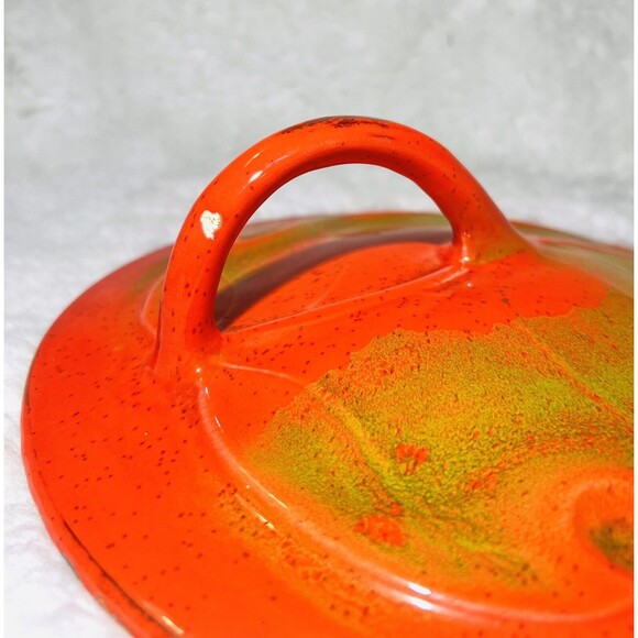 Vtg California Pottery 813 Orange Casserole Chafing Dish Maple Leaf Gold Accents - Picture 9 of 10